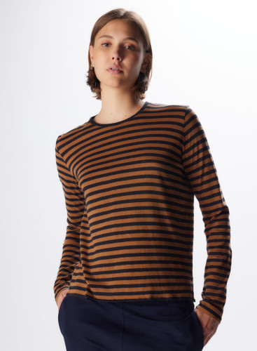 Camiseta de rayas cuello redondo de manga larga de Algodón / Cachemira