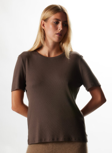 T-Shirt mit gerippten Ärmeln und Ellenbogen aus Modal / Baumwolle / Seide