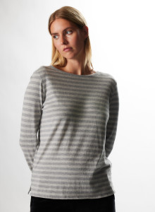 Cotton / Cashmere Striped Boat Neck Long Sleeve T-Shirt