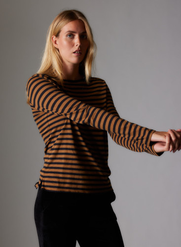 Cotton / Cashmere Striped Boat Neck Long Sleeve T-Shirt