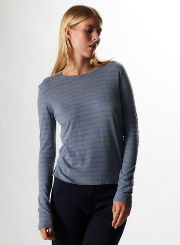 Cotton / Cashmere Striped Long Sleeve Round Neck T-Shirt