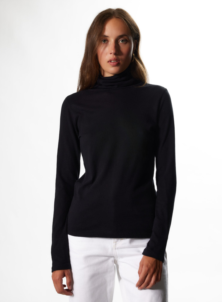 Black Cotton / Cashmere Turtleneck T-Shirt WOMEN