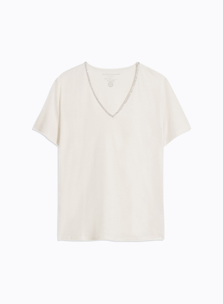 T-Shirt mit V-Ausschnitt und kurzen Ärmeln aus Lyocell, Tencel / organischer Baumwolle