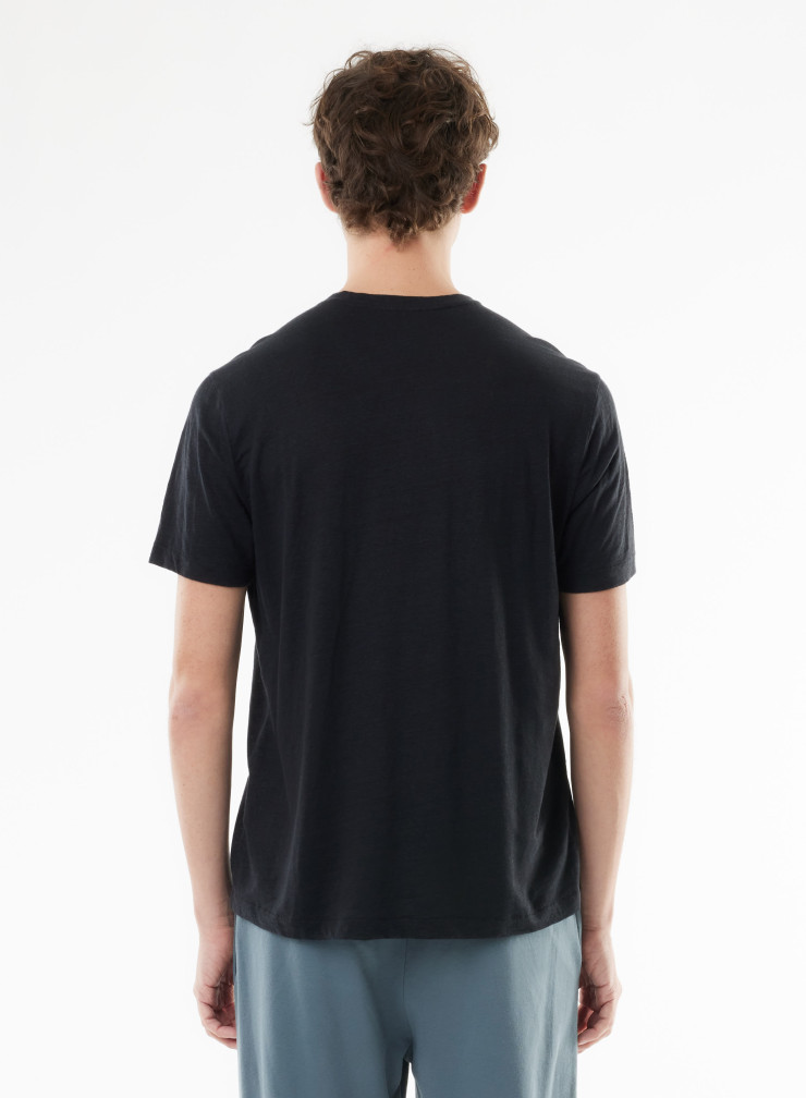 T-Shirt mit V-Ausschnitt und kurzen Ärmeln aus Leinen / Elastan