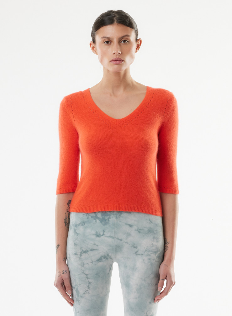 Pull Manches Coudes Col V en Raccon wool / Polyamide
