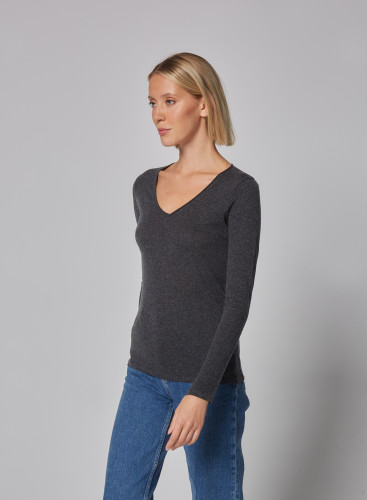 V-Ausschnitt Carole T-Shirt mit langen Ärmeln aus Baumwolle / Kaschmir