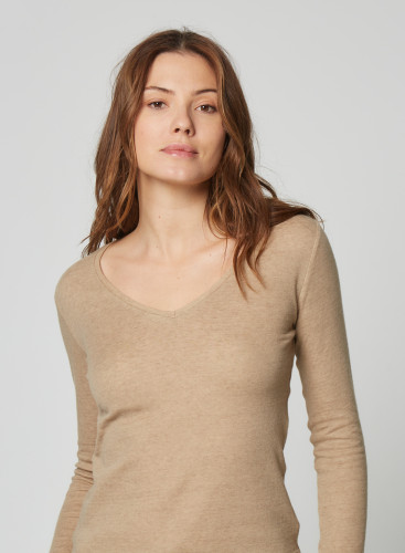 V-Ausschnitt T-Shirt mit langen Ärmeln aus Baumwolle / Kaschmir