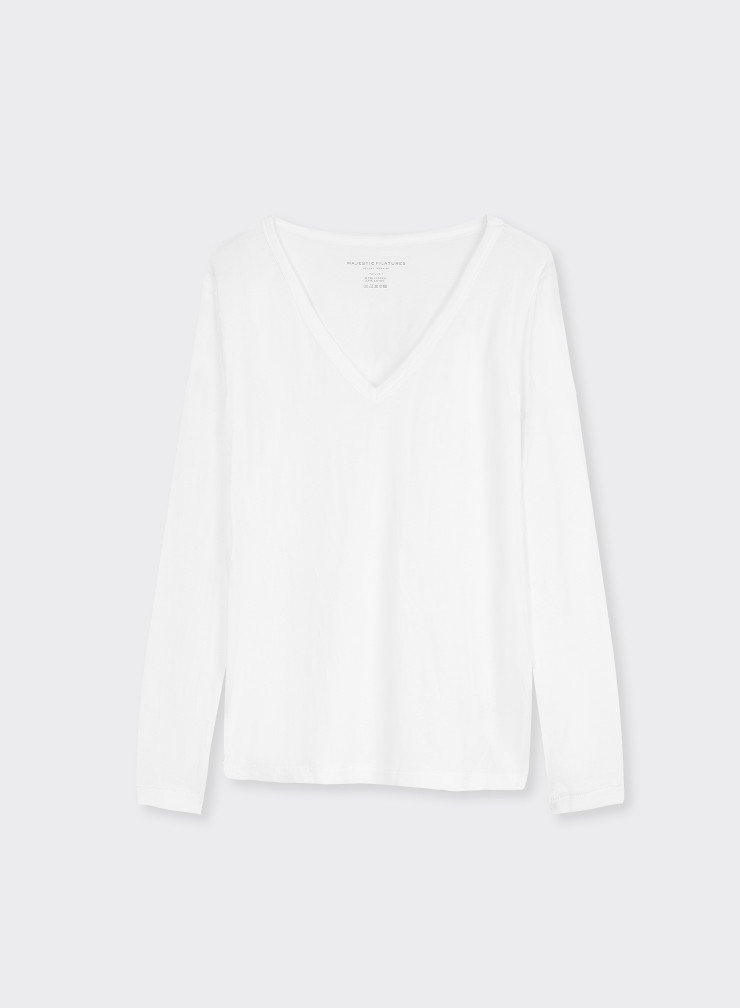 Camiseta cuello V de manga larga de Lyocel / Tencel / Algodón
