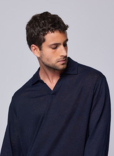 Long Sleeve Polo Shirt in Linen / Elastane