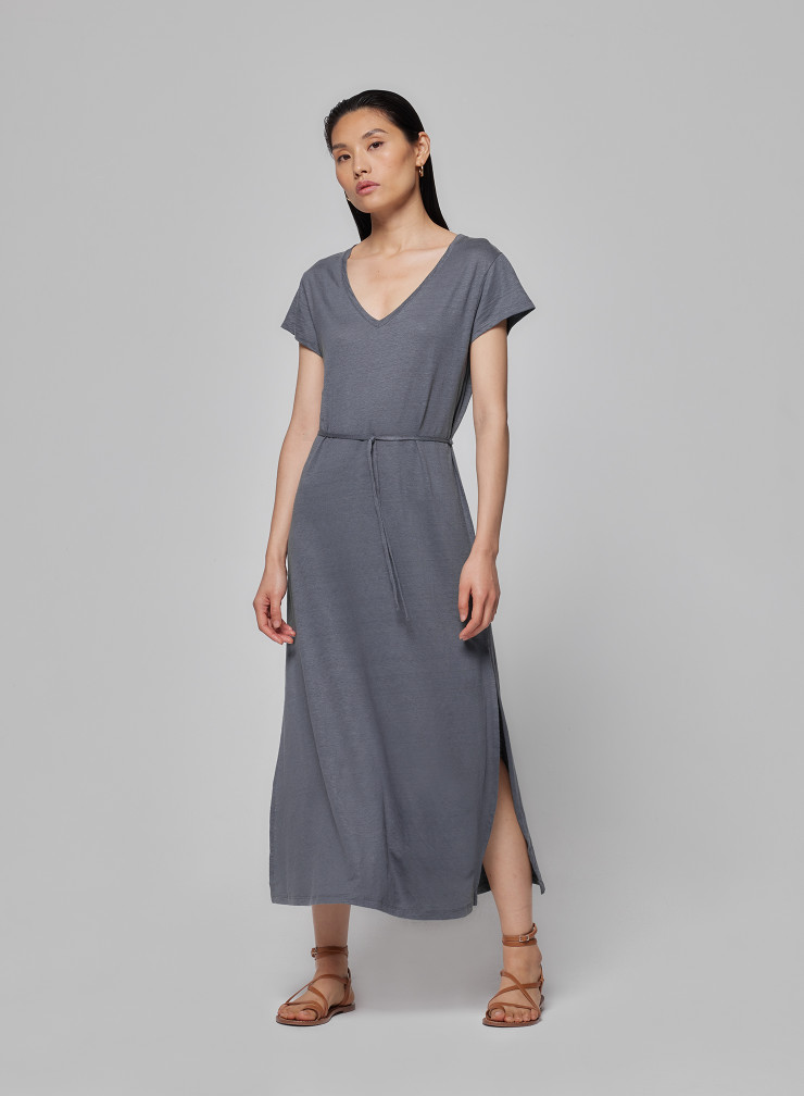 Short Sleeve V-Neck Dress in Linen / Elastane