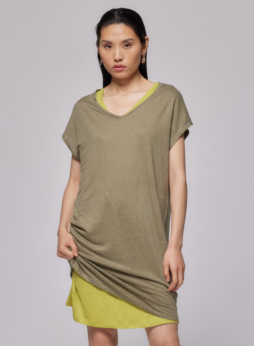 Short Sleeve V-Neck Dress in Linen / Elastane