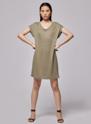 Kleid mit V-Ausschnitt und kurzen Ärmeln aus Leinen / Elastan