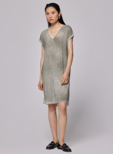 Kleid mit V-Ausschnitt und kurzen Ärmeln aus Leinen / Elasthan