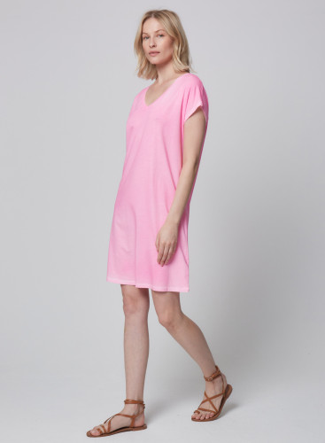 Kleid mit V-Ausschnitt und kurzen Ärmeln aus Baumwolle / Elastan