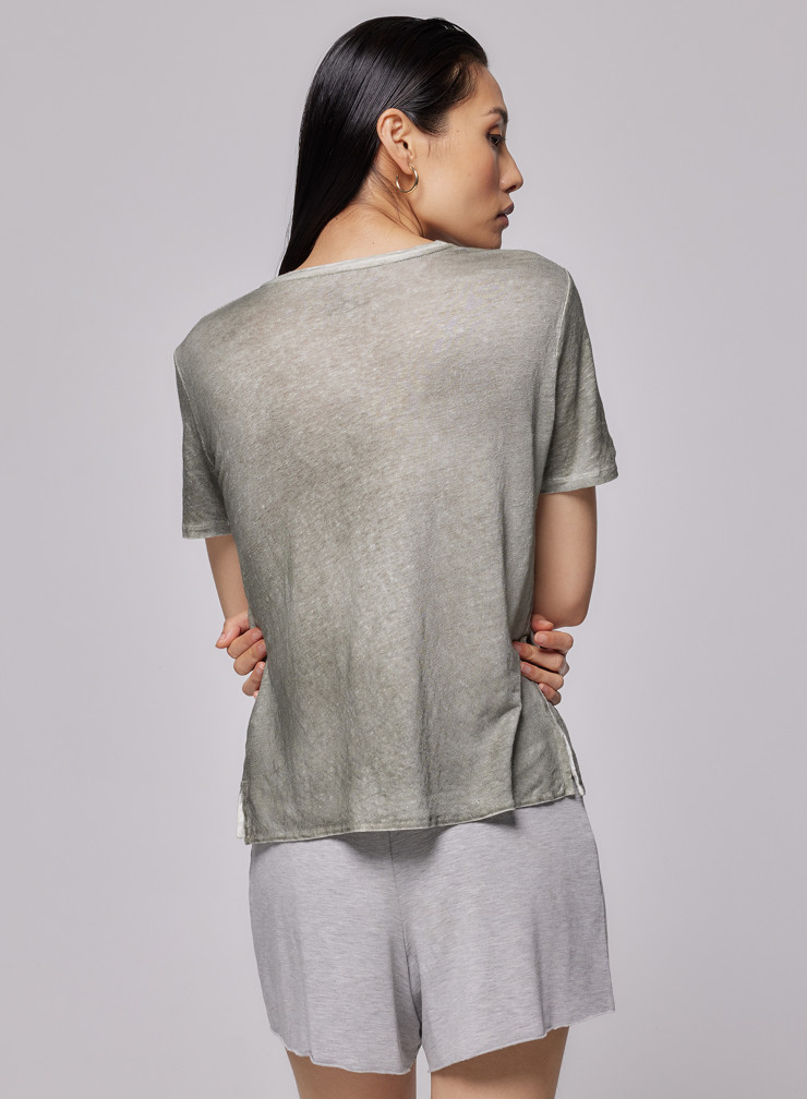 T-shirt Round Neck Elbow Sleeves in Linen / Elastane