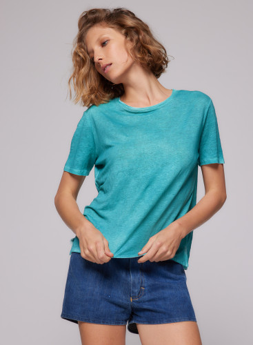 T-shirt Round Neck Elbow Sleeves in Linen / Elastane