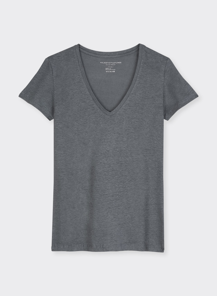 Linen / Elastane short sleeves V-neck t-shirt