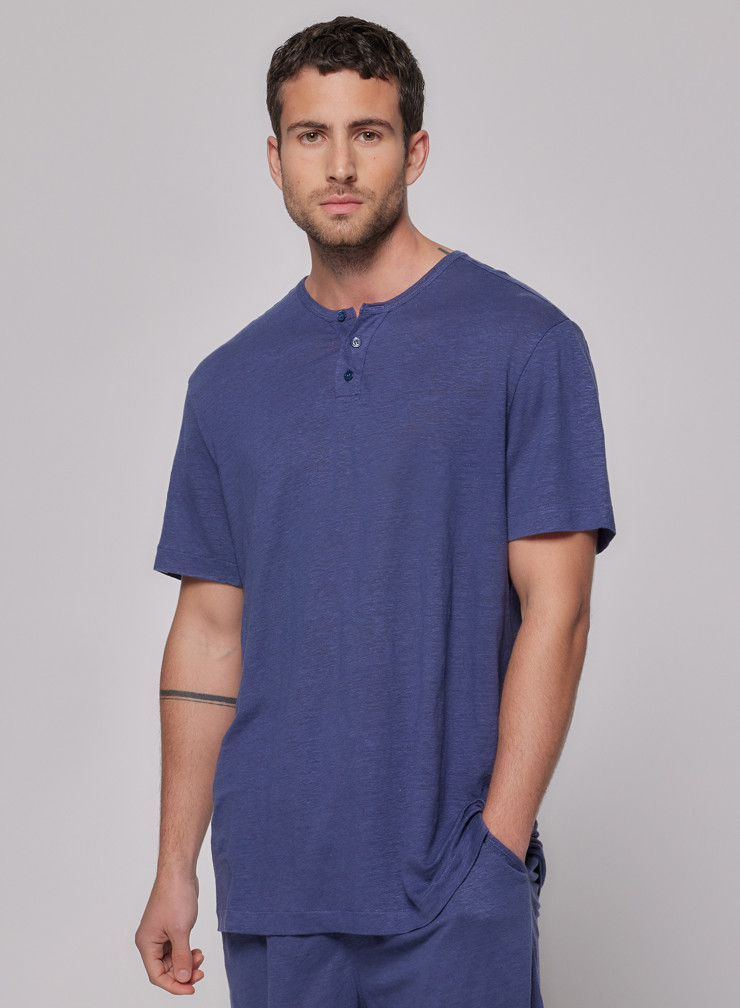 Camisa tunecina manga corta de Lino/Elastano azul Venecia l Majestic Filatures