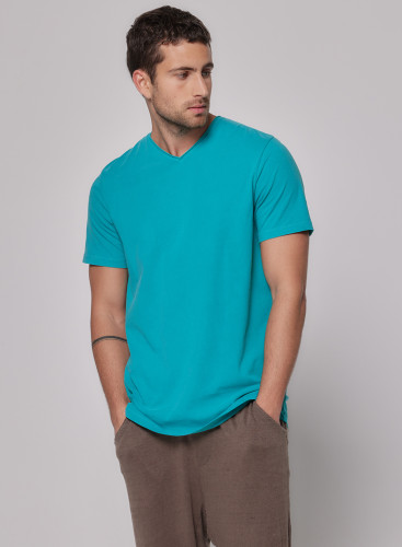 T-Shirt mit V-Ausschnitt und kurzen Ärmeln aus Baumwolle / Elasthan