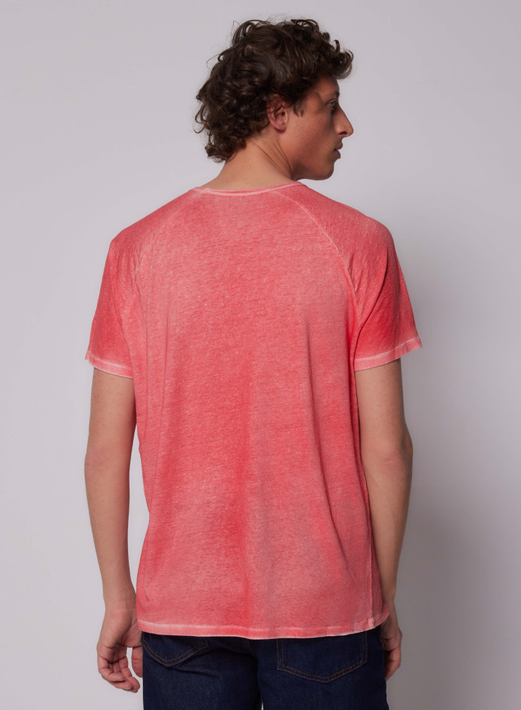 T-shirt Round Neck Short Raglan Sleeves in Linen / Elastane