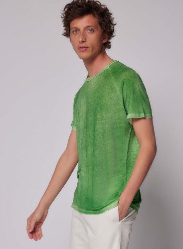 T-shirt Round Neck Short Raglan Sleeves in Linen / Elastane