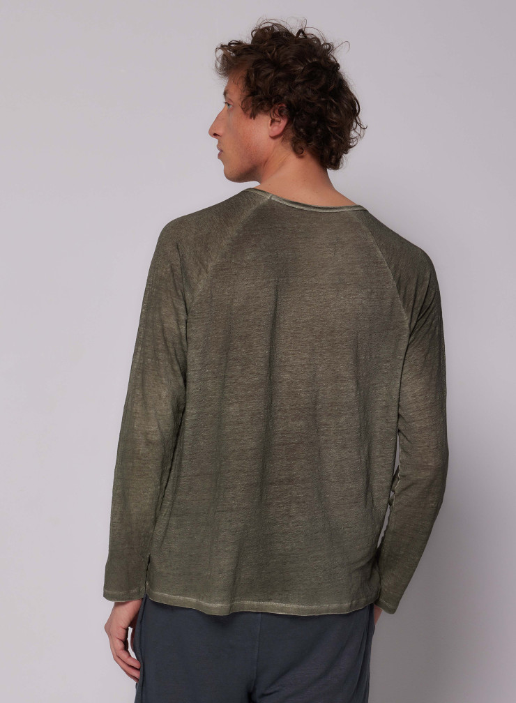 T-shirt Round Neck Long Raglan Sleeves in Linen / Elastane