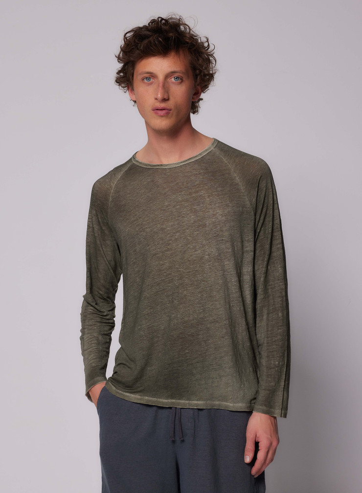 T-shirt Round Neck Long Raglan Sleeves in Linen / Elastane