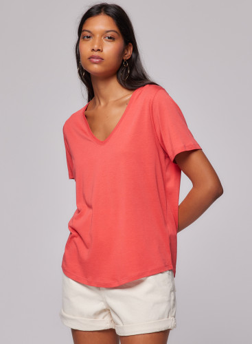 Short-sleeved V-neck T-shirt in Lyocel / Tencel / Cotton