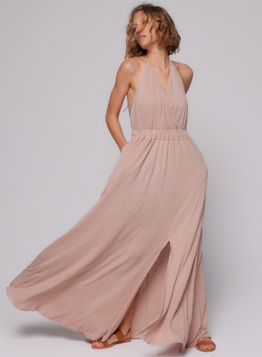 Sleeveless dress with low back in Linen / Elastane