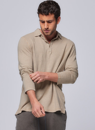 Long Sleeve Polo Shirt in Linen / Elastane
