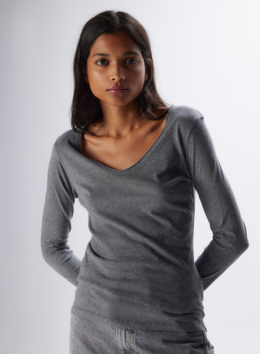 V-Ausschnitt T-Shirt mit langen Ärmeln aus Baumwolle / Kaschmir
