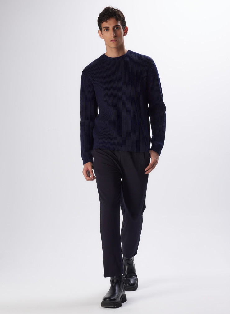 Navy blue Wool/Cashmere Ribbed Round Neck Pull MEN|Majestic Filatures