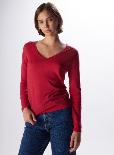 T-Shirt mit V-Ausschnitt und langen Ärmeln aus Baumwolle / Kaschmir