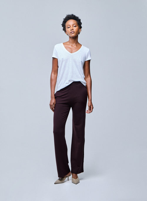 T-shirt Blanc Col V Manches Courtes en Lin et Elasthanne - MAJESTIC FILATURES