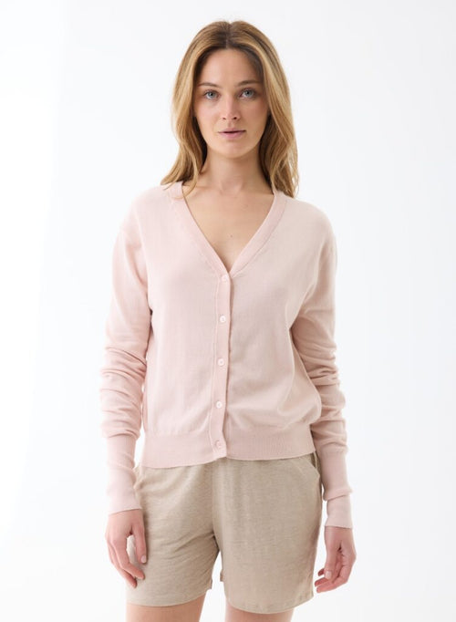 Langarm-Strickjacke in Puderfarben mit V-Ausschnitt aus Bio-Baumwolle / Elasthan - MAJESTIC FILATURES