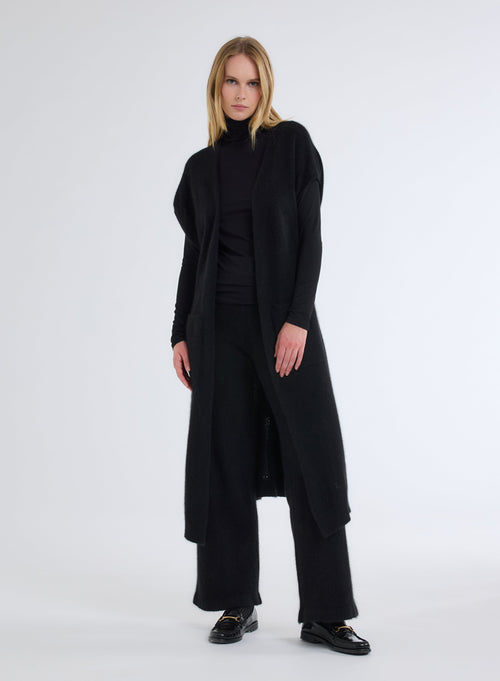 Long Gilet Noir Manches Courtes à Ceinture en Raccoon - MAJESTIC FILATURES