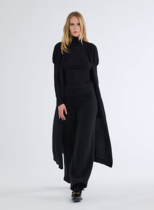 Chaleco Largo Negro con Mangas Cortas y Cinturón en Mapache - MAJESTIC FILATURES