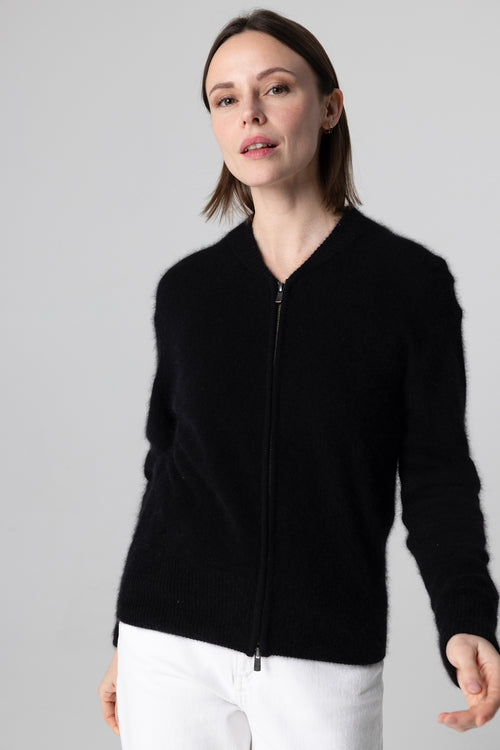 Strickjacke mit Rundhalsausschnitt und langen Ärmeln aus Waschbärfell/Polyamid in Schwarz - MAJESTIC FILATURES