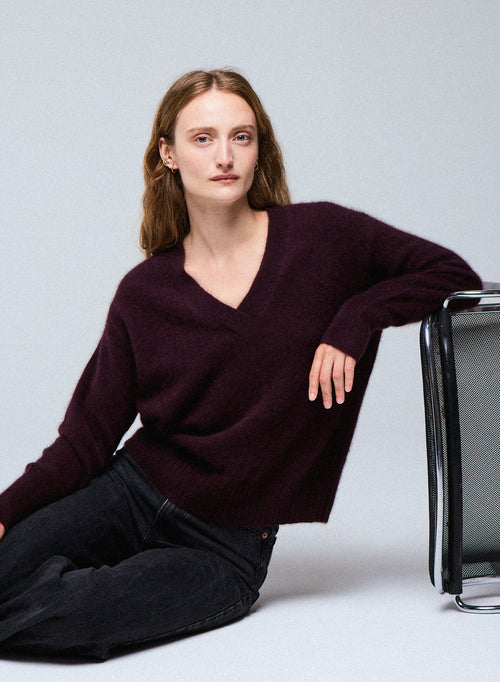 Pull Violet Col V Manches Longues en Raccon wool / Polyamide - MAJESTIC FILATURES