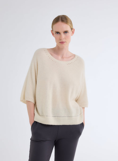 Ecrufarbener Pullover mit Rundhalsausschnitt - MAJESTIC FILATURES
