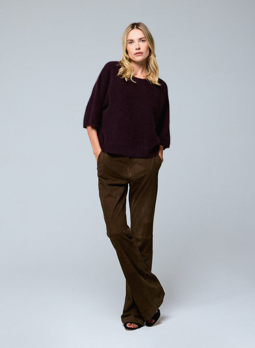 Pull Aubergine Col Rond Manches Kimono en Raccon wool / Polyamide - MAJESTIC FILATURES