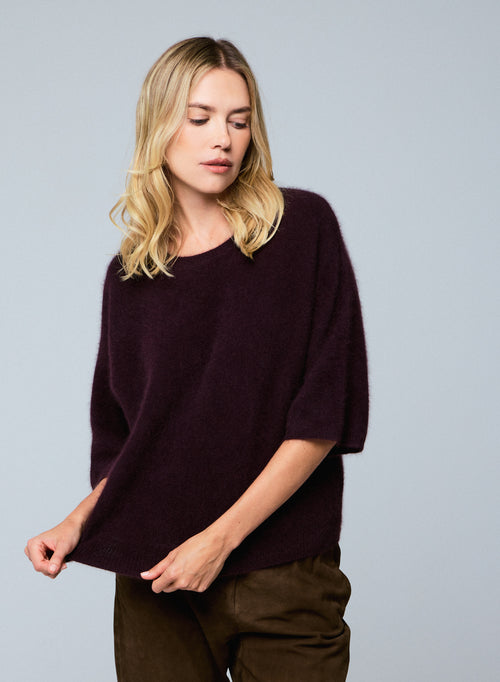 Pull Aubergine Col Rond Manches Kimono en Raccon wool / Polyamide - MAJESTIC FILATURES