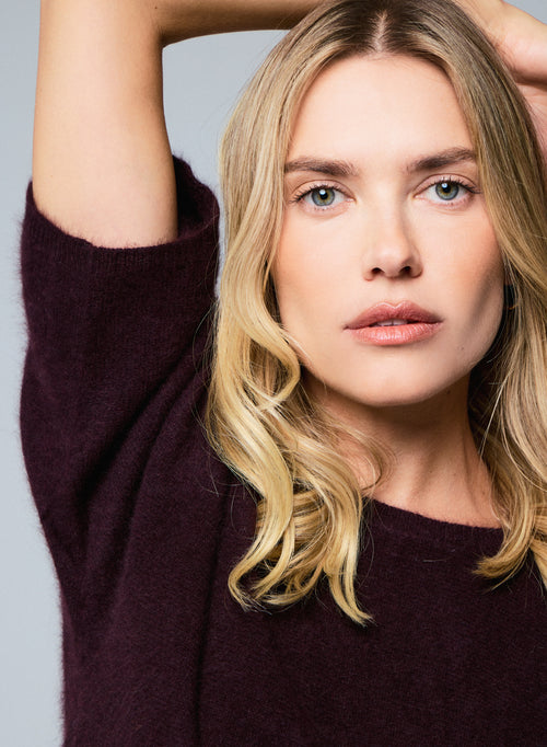 Pull Aubergine Col Rond Manches Kimono en Raccon wool / Polyamide - MAJESTIC FILATURES