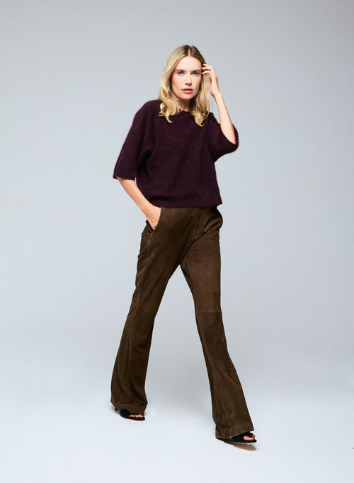 Pull Aubergine Col Rond Manches Kimono en Raccon wool / Polyamide - MAJESTIC FILATURES