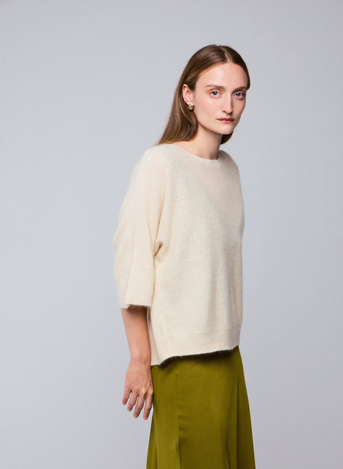 Pull Blanc Col Rond Manches Kimono en Raccoon / Polyamide - MAJESTIC FILATURES