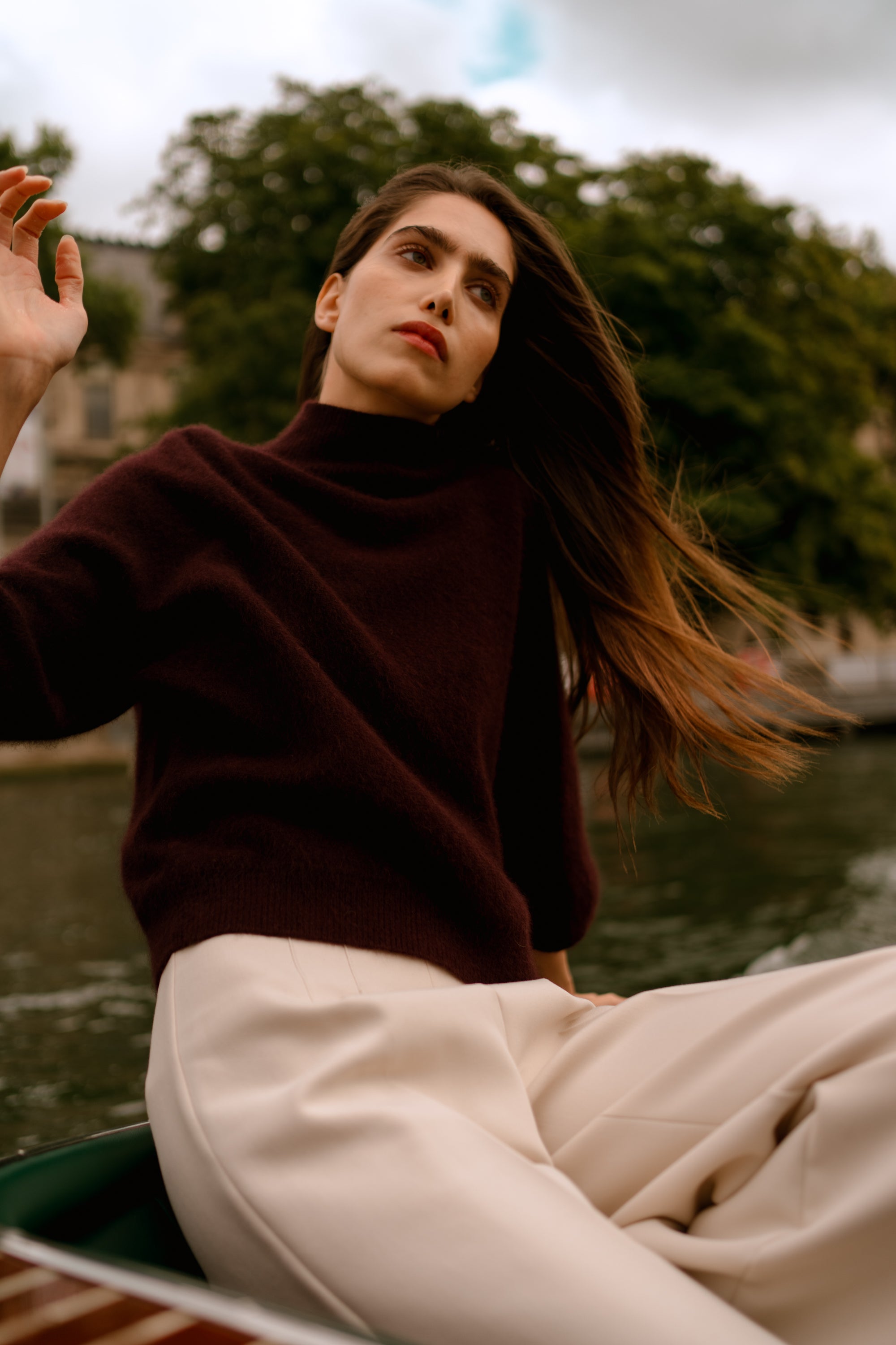 Purple Turtleneck Sweater with Kimono Sleeves in Raccon wool