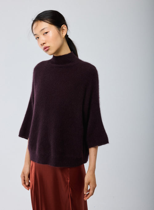 Pull Aubergine Col Roulé Manches Kimono en Raccoon / Polyamide - MAJESTIC FILATURES