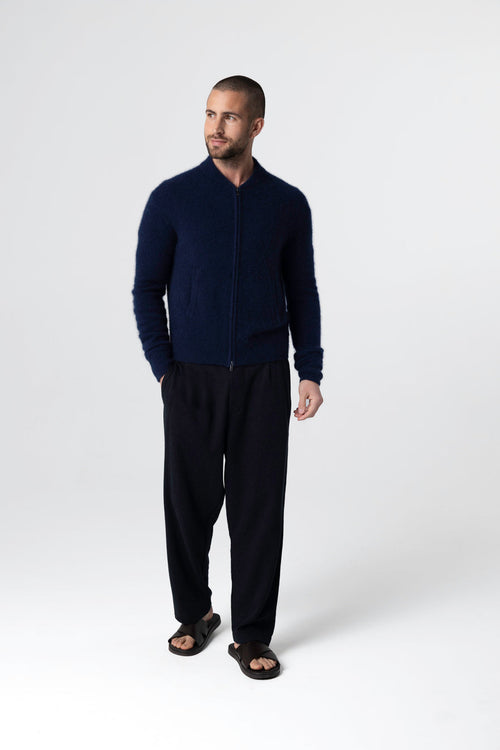 Chaleco azul marino de cuello redondo y manga larga de raccoon/poliamida - MAJESTIC FILATURES