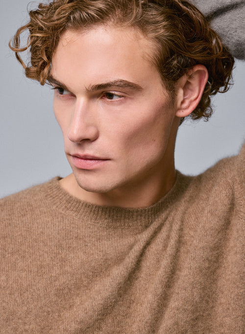 Beige langärmeliger Pullover mit Rundhalsausschnitt aus Raccon-Wolle / Polyamid - MAJESTIC FILATURES