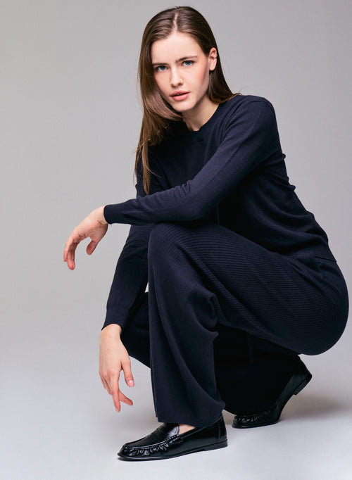 Pull Marine Col Rond Manches Longues en Coton organique / Elasthanne - MAJESTIC FILATURES